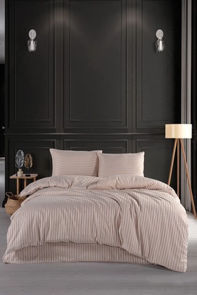 Home Çift Kişilik Çizgili Saten Nevresim Takımı Kahve