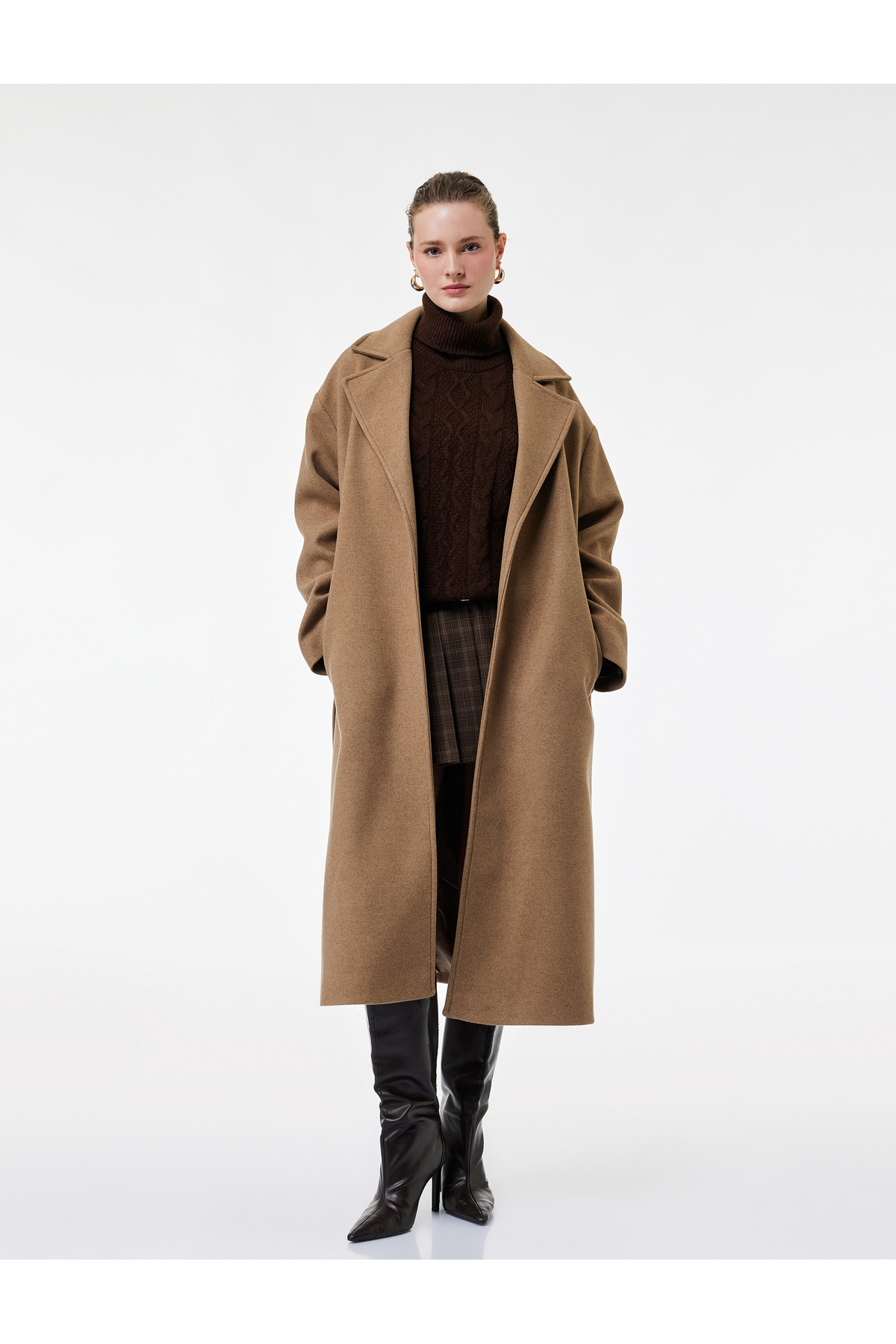 Koton  Kemerli Uzun Kaşe Kaban Cepli Uzun Kollu