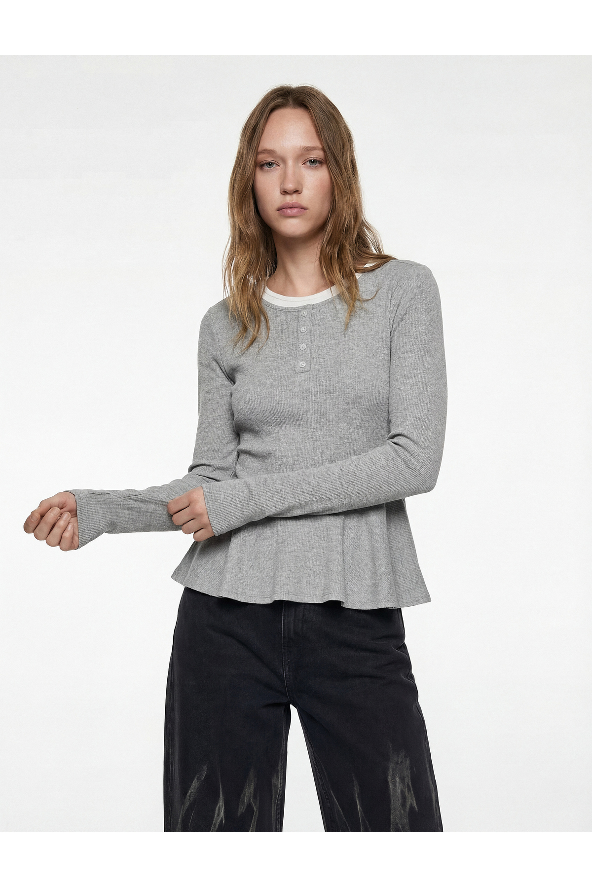 Koton Slim Fit Flounce Crew Neck Piped Button Long Sleeve T-Shirt