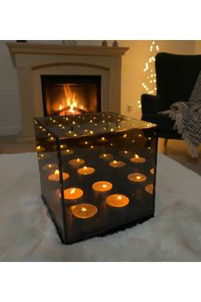 Glowdesigning Ev dekor dekorasyon 4 mumlu cam mumluk ahşap tabanlı 15x15 boyut