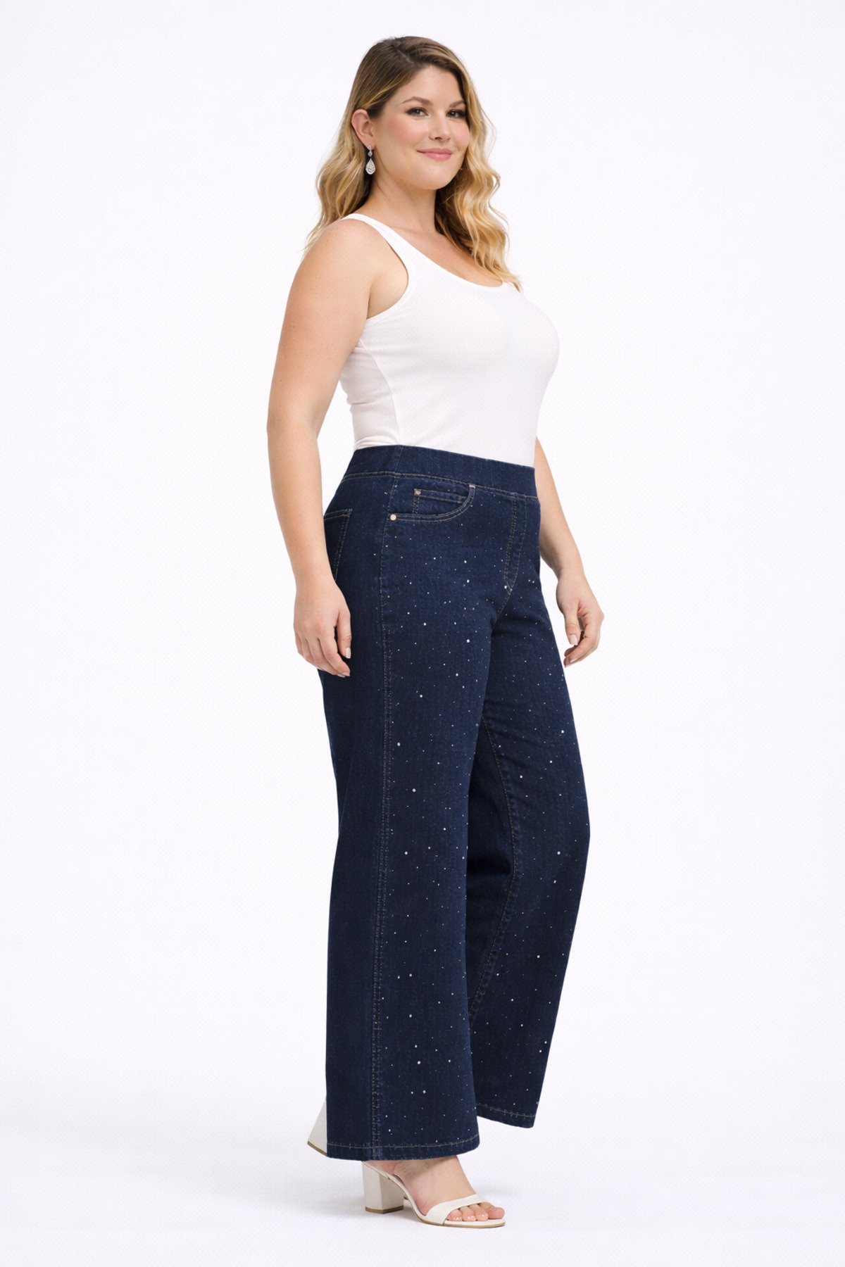 Şans  Kadın Büyük Beden Lacivert, Yüksek Bel,Bel Lastikli Süs Cep Taş İşli Palazzo Kot Pantolon 65N39308 - Görsel 8