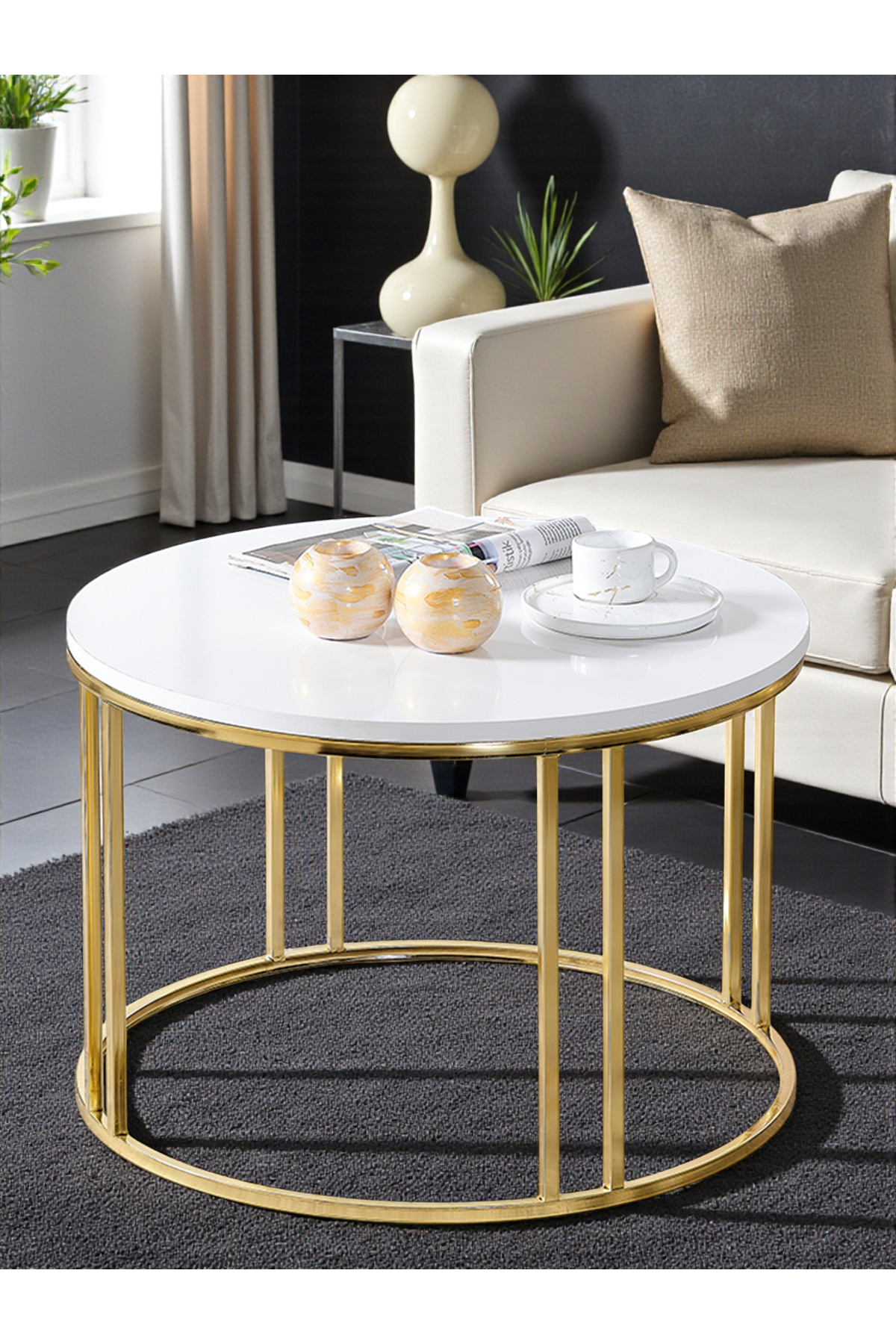 Salon Orta Sehpa 70 CM  BEYAZ Suntalam (Gold) Metal Ayak Orta Sehpa