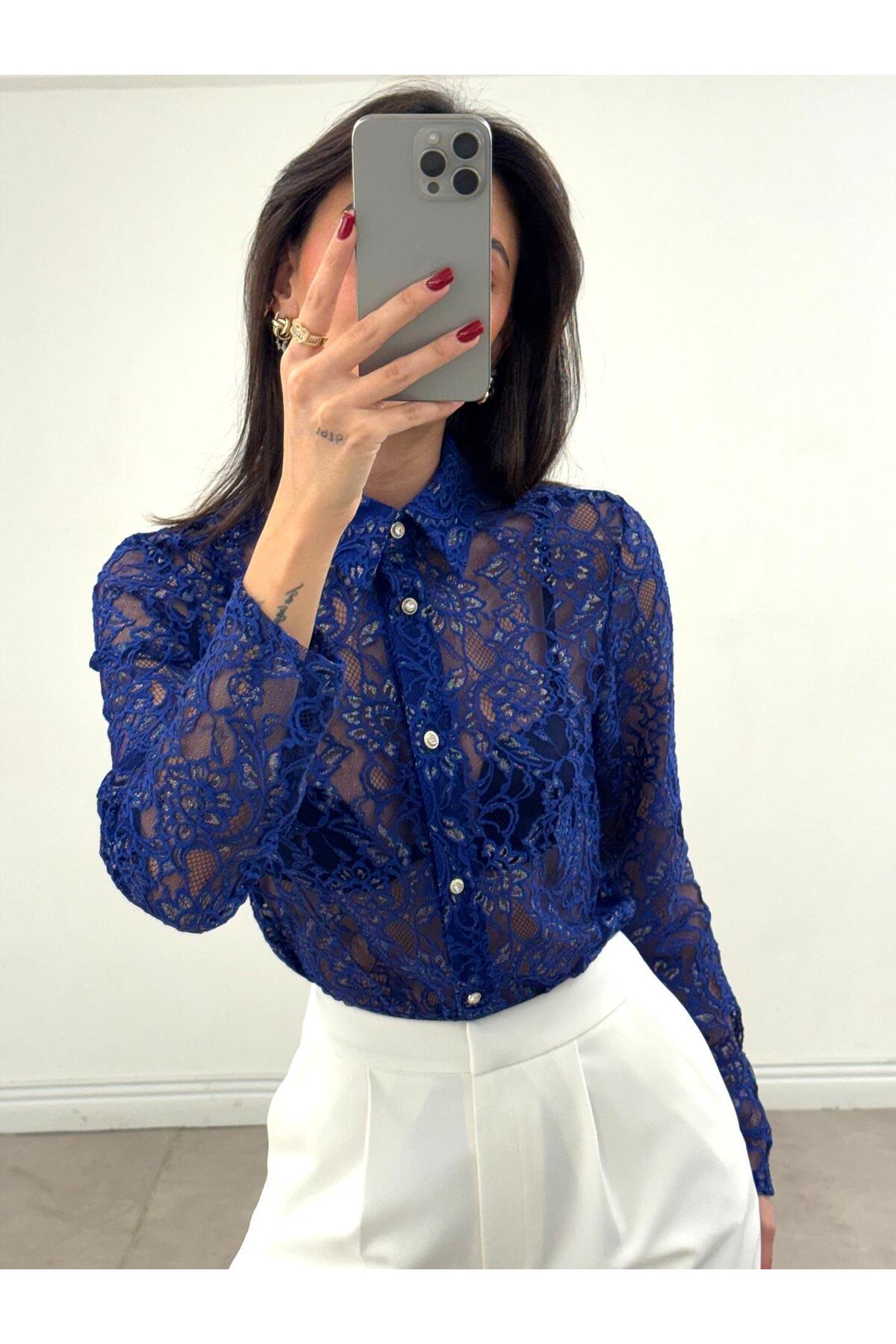 Juste  Varaklı Dantel Gömlek Saks - Görsel 3