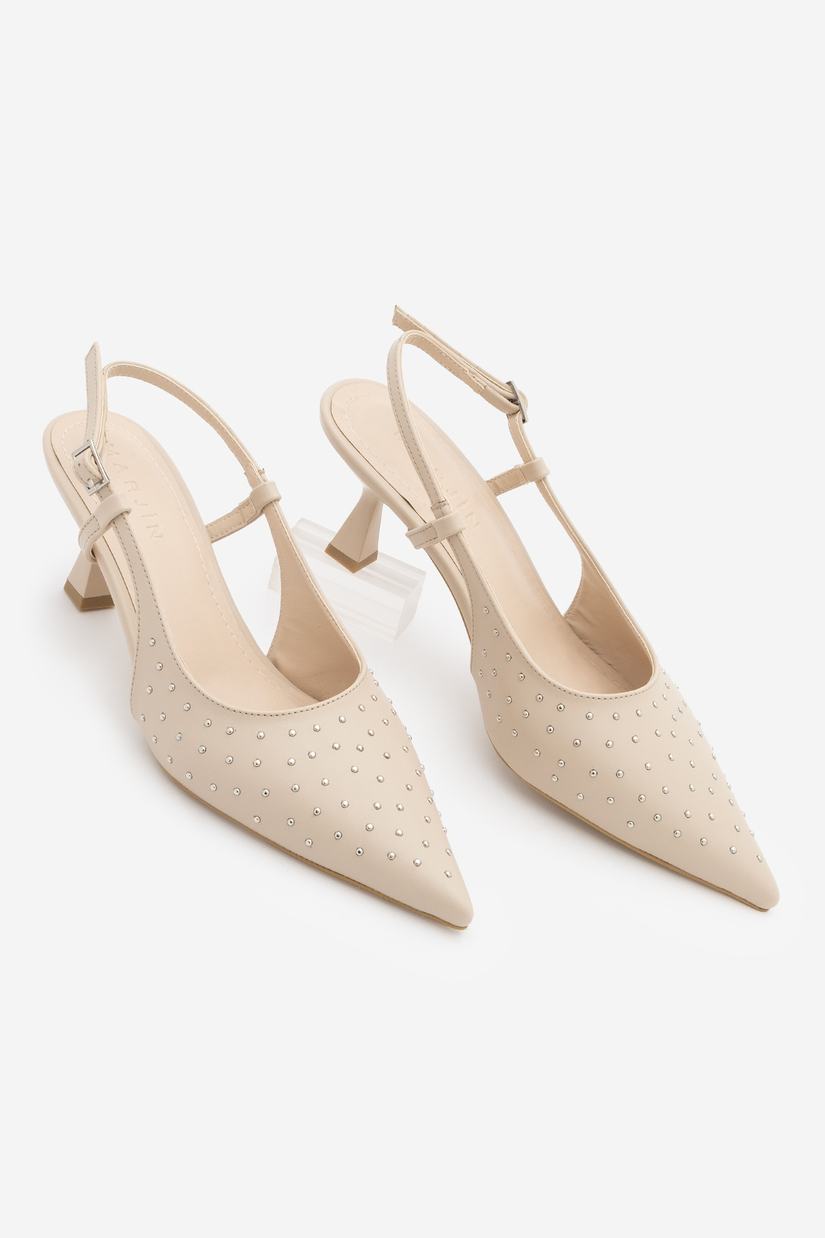 Women's Stiletto Pointed Toe Open Back Staple Detailed Classic Heeled Shoes Timon Ecru