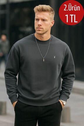 COMBİNE MİCHAİL Füme Renk Basic Bisiklet Yaka Relaxed Regular Erkek Sweatshirt