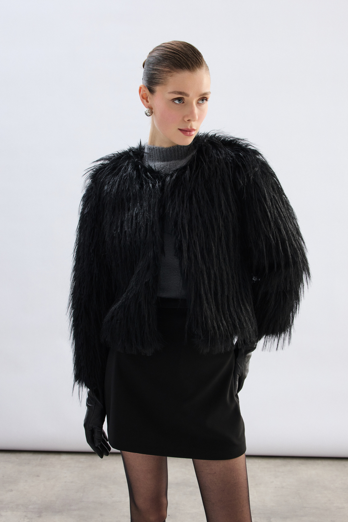 Sateen  Bisiklet Yaka Suni Kürk - Siyah - Görsel 7