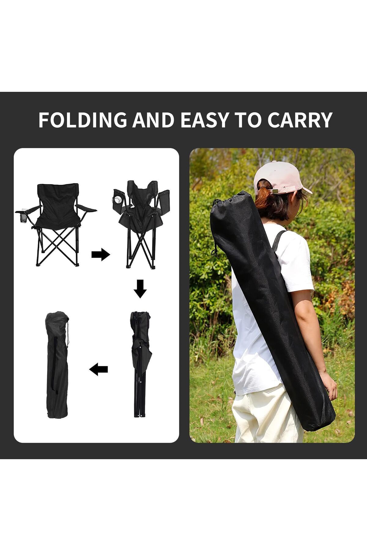 كرسي تخييم قابل للطي مع مساند للذراعين وحامل أكواب، كرسي شاطئ وحديقة قابل للطي (قطعة واحدة)