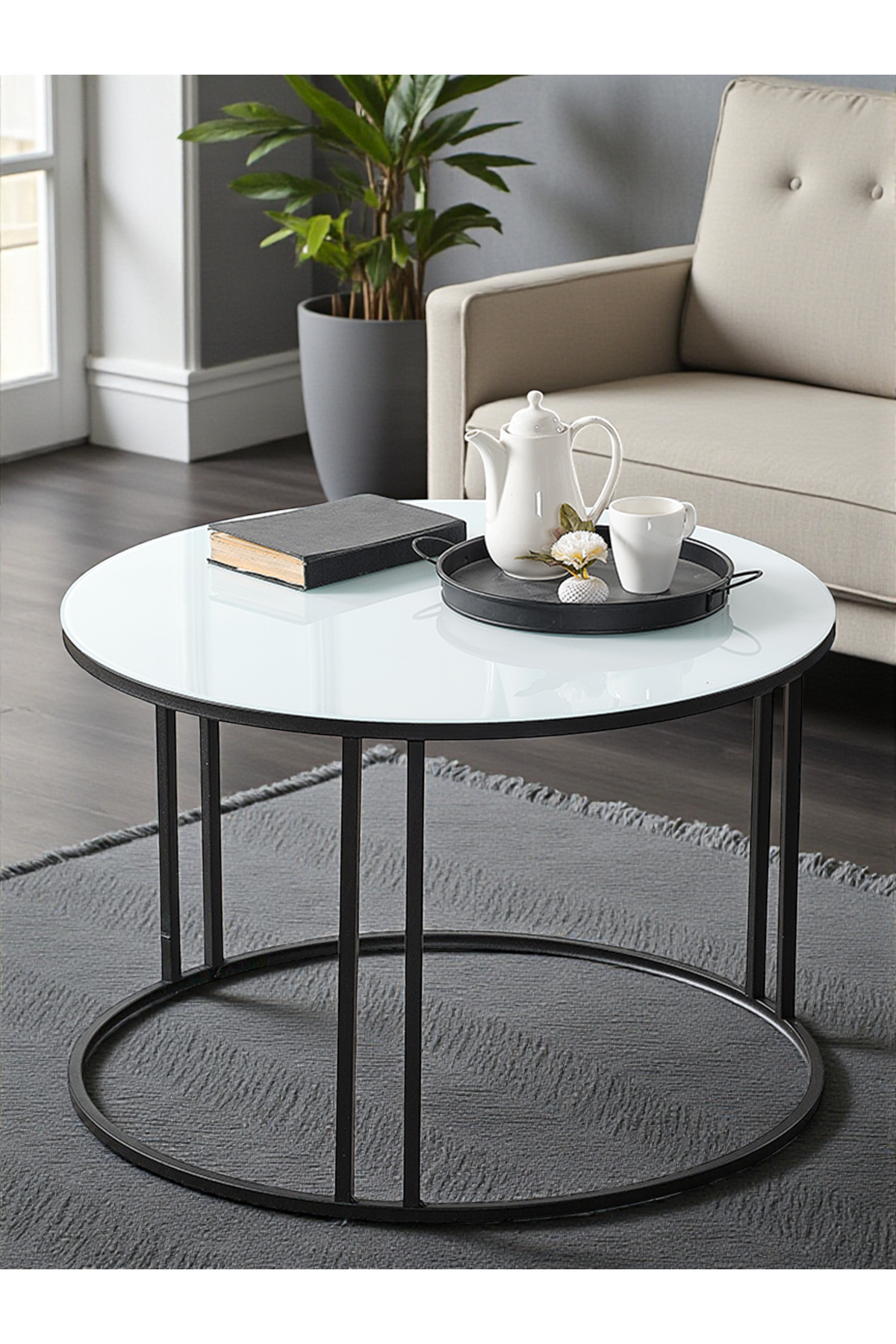 Salon Orta Sehpa Beyaz Temperli Cam (SİYAH) Metal Ayak Orta Sehpa