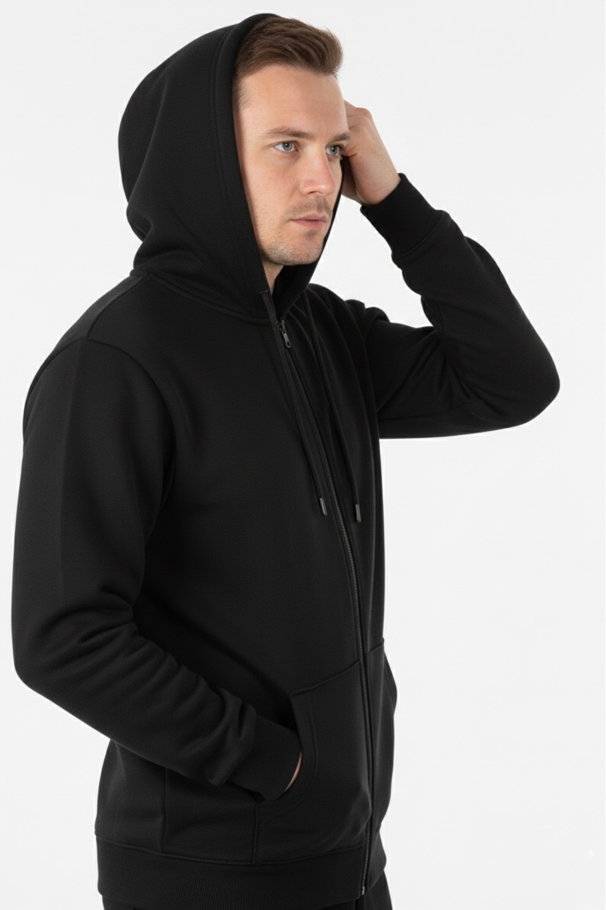 assef  Erkek Pamuklu Şardonlu Kapüşonlu Slim Fit Çift Cepli Polar Ceket Hırka - Görsel 3