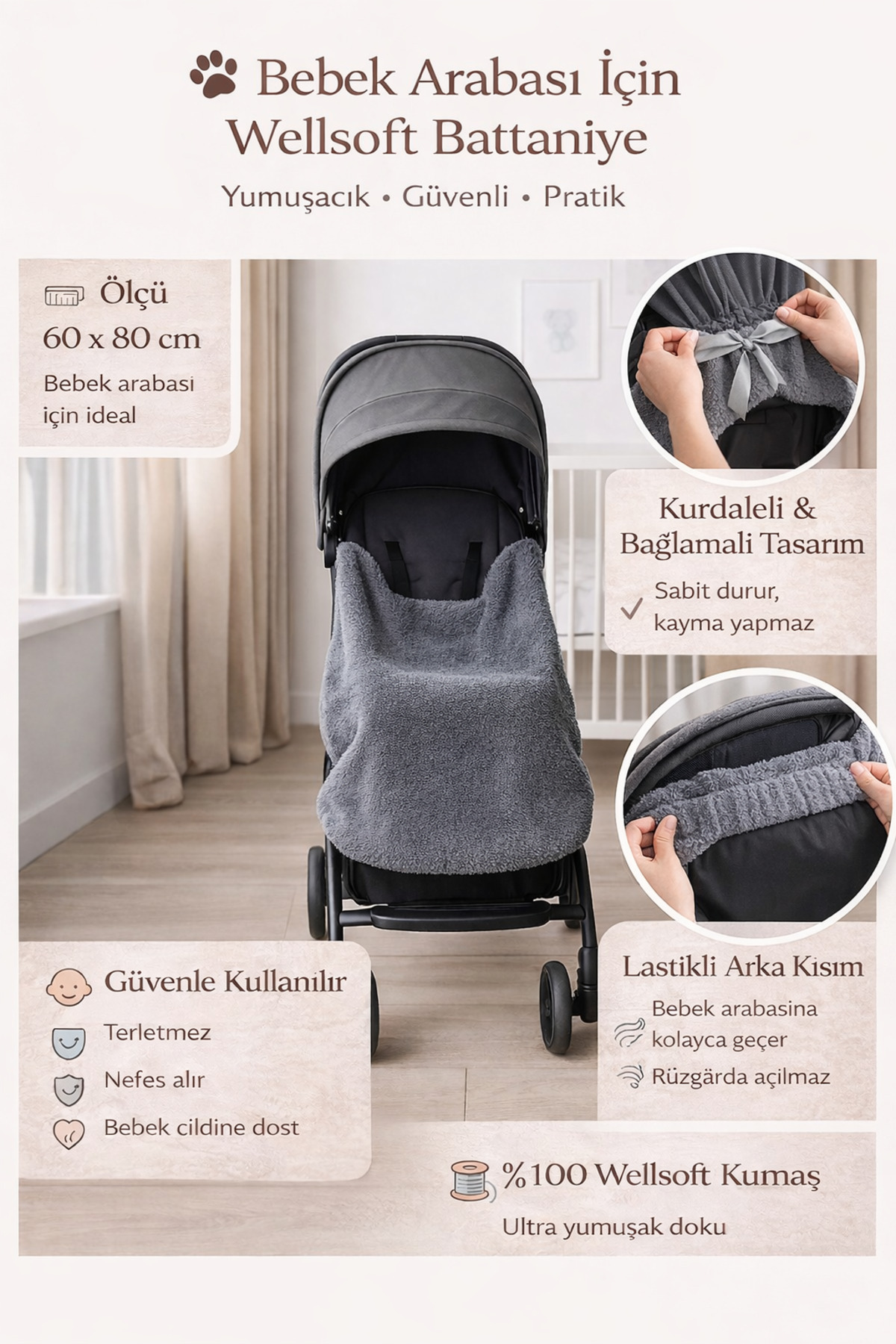 DensHaus Bebek Arabası Battaniyesi Wellsoft 60X60 Standart Tüm Bebek Arabalarına Uyumludur fotoğrafı 3 (önizleme)