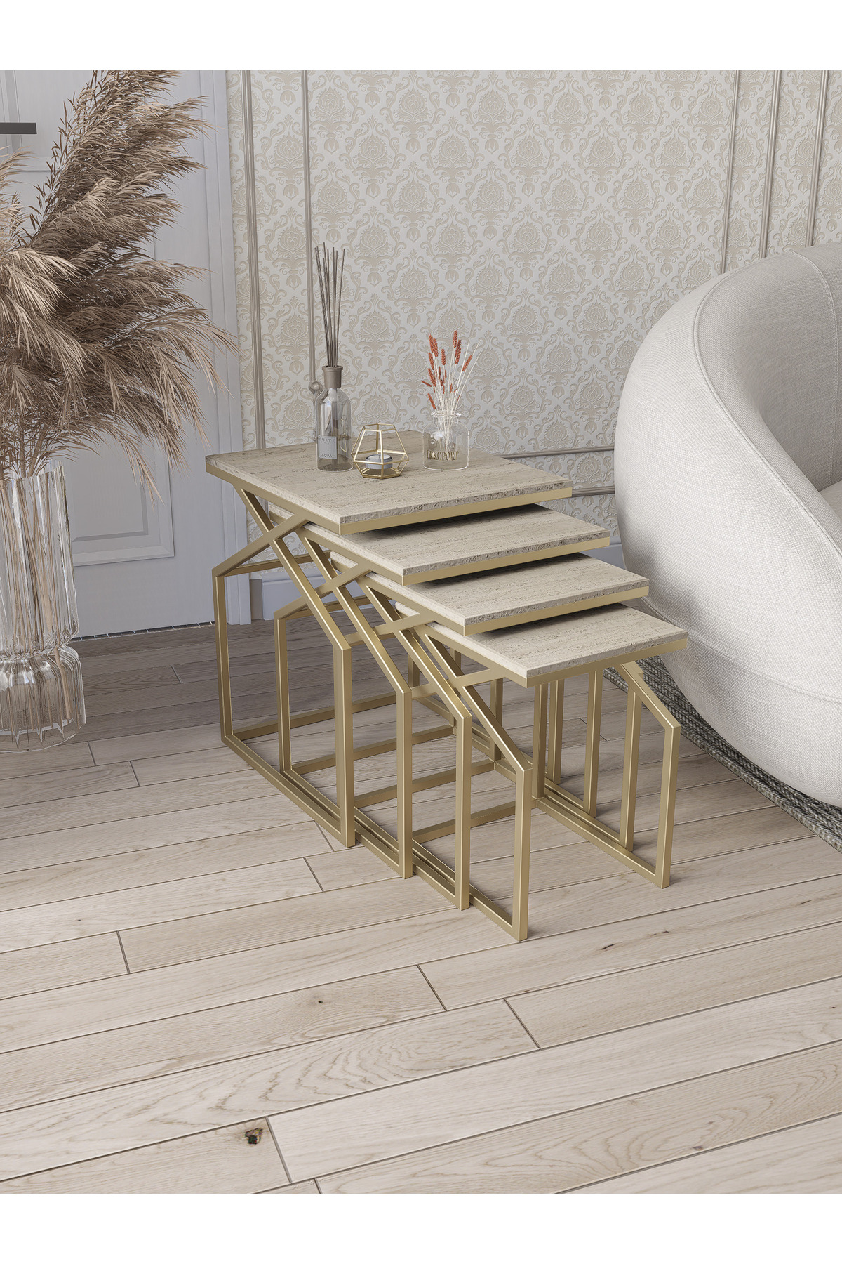 Uygar Zigon Coffee Table Side Table Metal Coffee Table Matte Gold Metal - Travertine Pattern MDF Membrane Coating