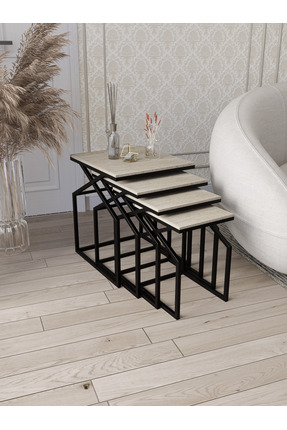 Dekoport Uygar Zigon Sehpa Yan Sehpa Metal Sehpa Siyah Metal - Traverten Dese...