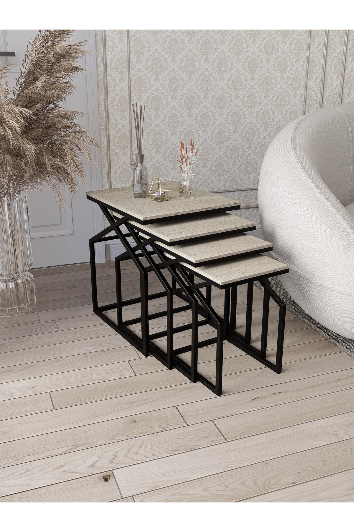 Uygar Zigon Coffee Table Side Table Metal Coffee Table Black Metal - Travertine Pattern MDF Membrane Coating
