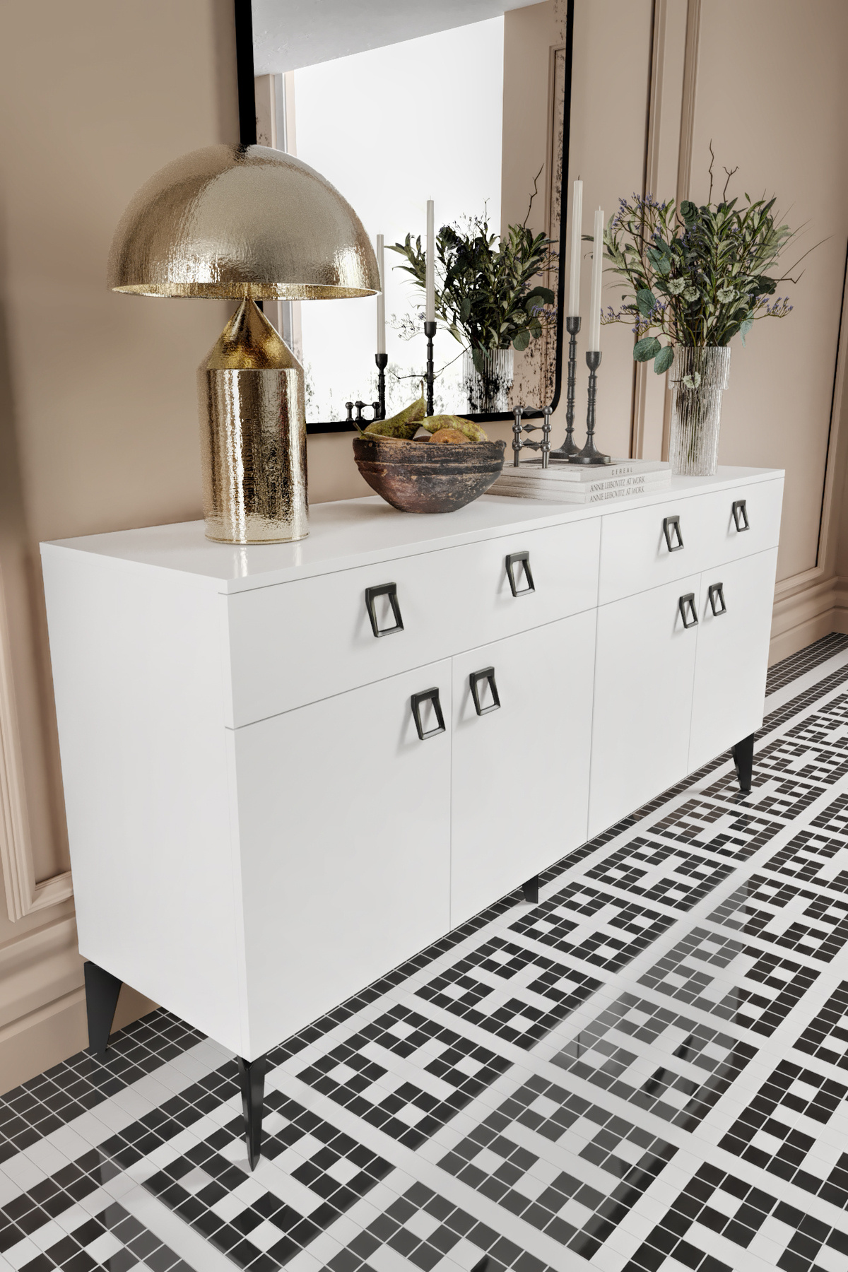 Elara Console – 180 cm White Modern Console with 4 Lids and 2 Drawers with Metal Legs