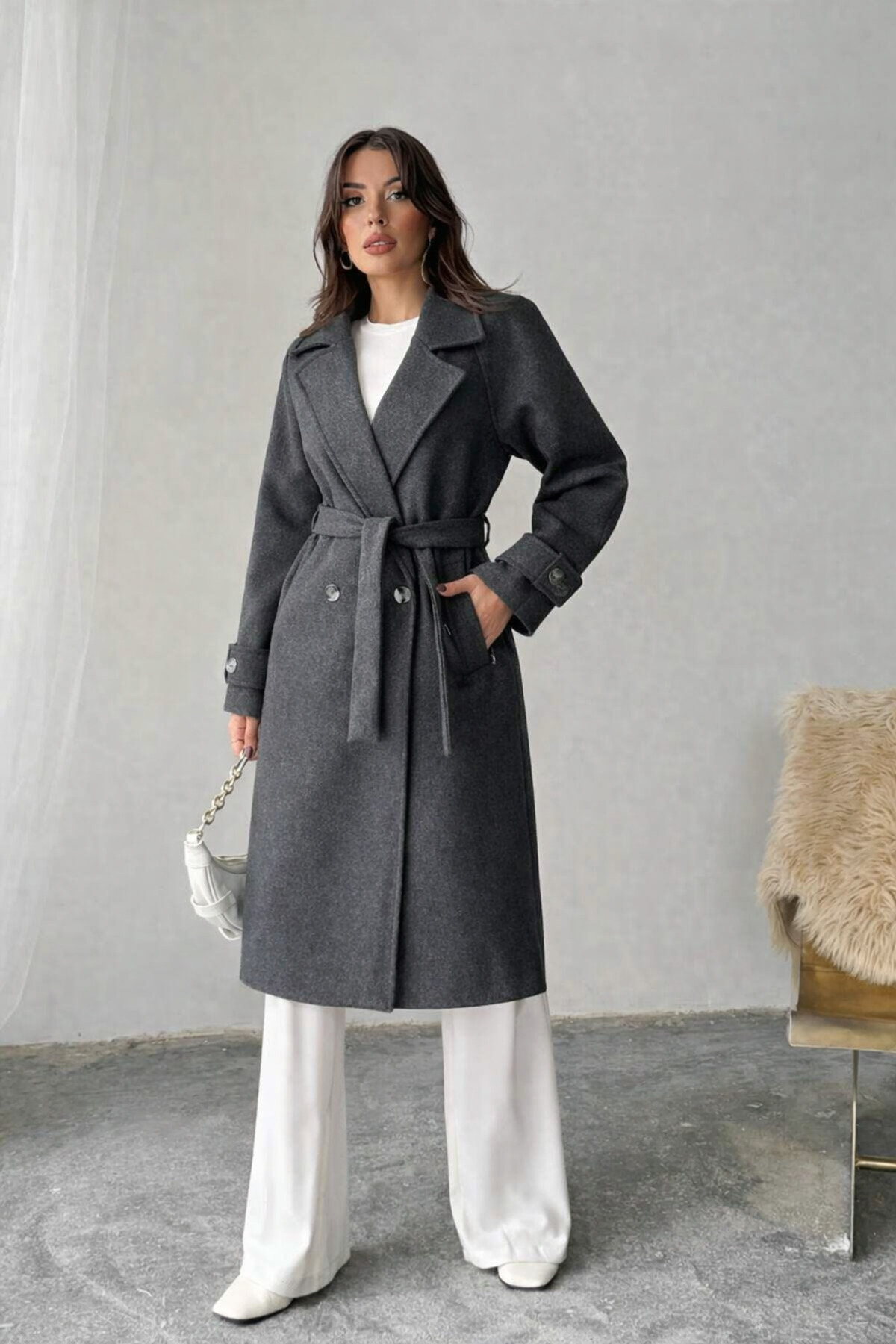 Neşeli Butik  kadın antrasit kuşak bağlamalı cepli astarlı kaşe kaban NBG120 - Görsel 4