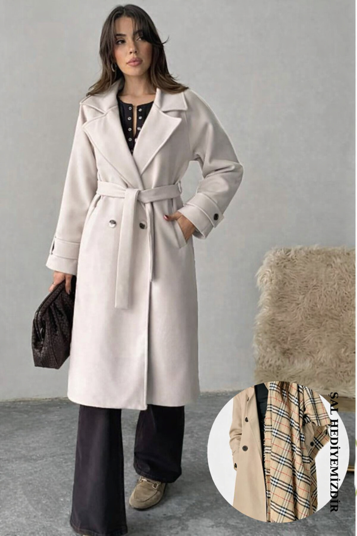 Neşeli Butik  kadın bej kuşaklı cepli astarlı reglan kol uzun kaşe kaban NBG120