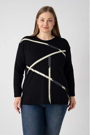 Orly More Viskon Kumaş Mini Yırtmaçlı Büyük Beden Uzun Kollu Yaka Penye Bluz