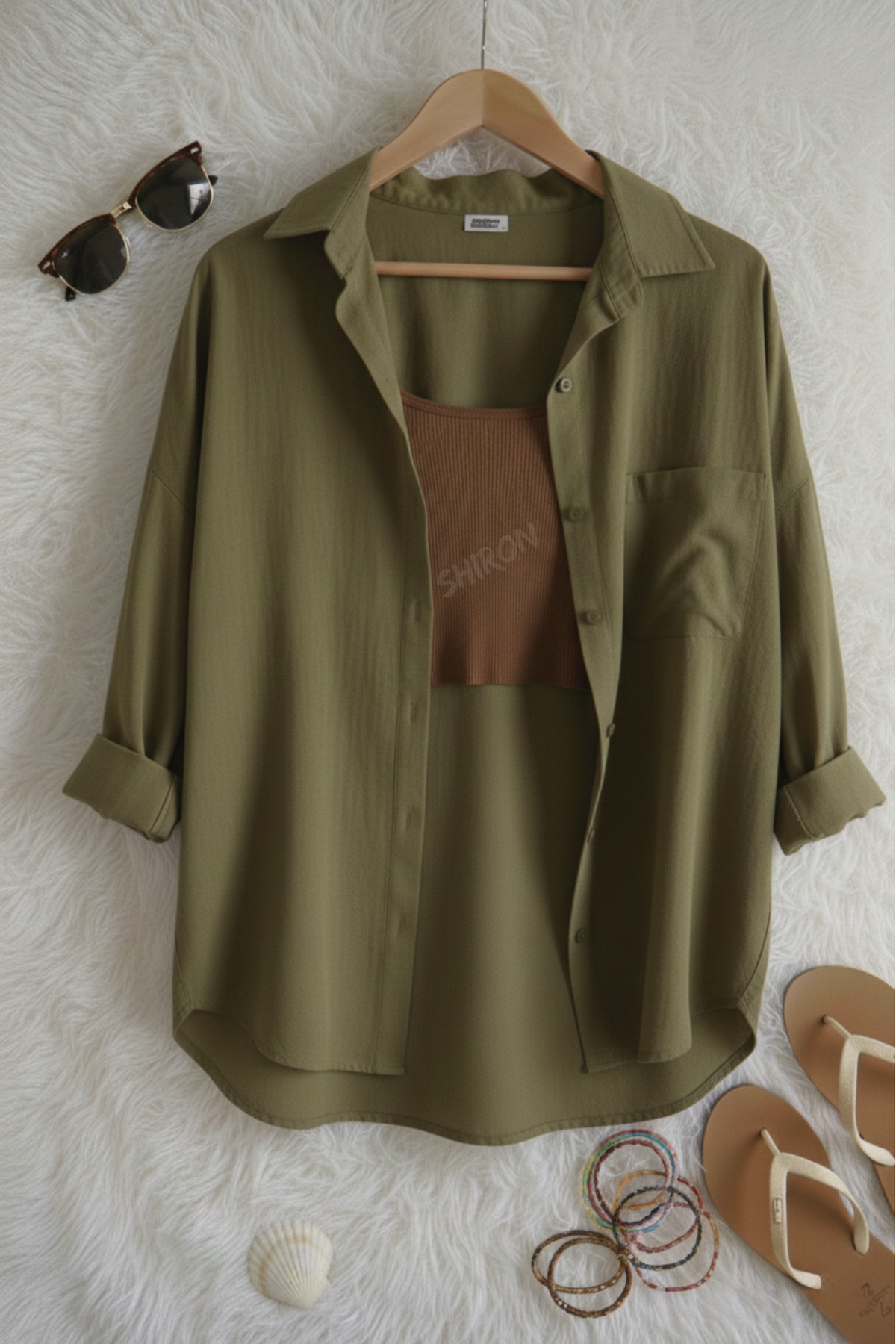 Shiron Sportswear&Company  Lüx Kalite Haki Kadın Düşük Omuz Oversize Keten Cep Detaylı Gömlek - Görsel 3