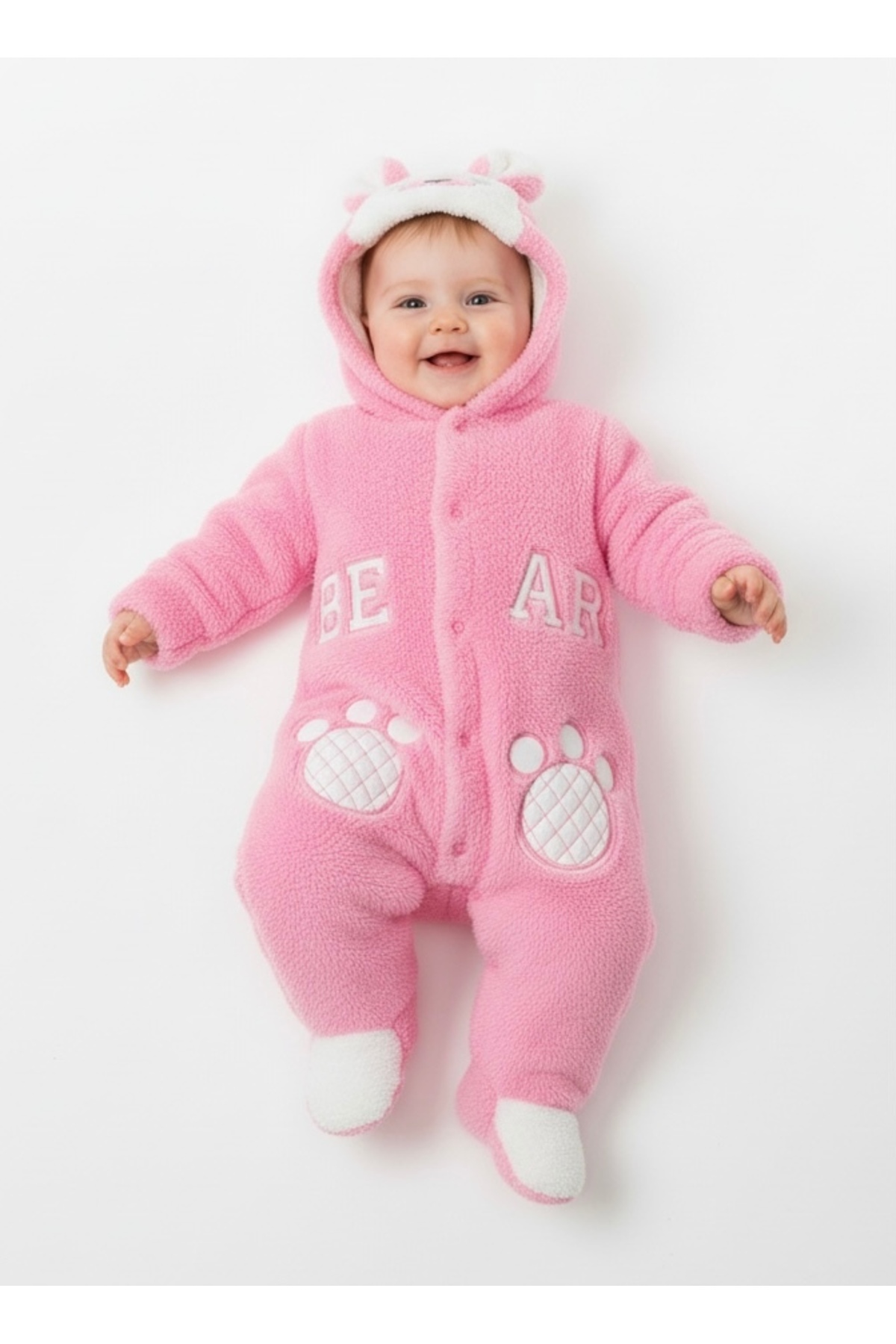 Bebemio Boutique Peluş Ayıcıklı Bebek Tulumu Kışlık Takım Kapşonlu Welsoft Ayı Nakışlı Kulak Ve Ponpon Detaylı fotoğrafı 2 (önizleme)