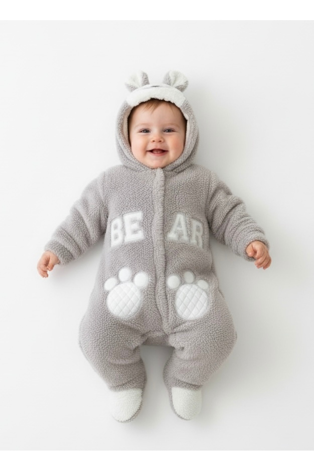 Bebemio Boutique Peluş Ayıcıklı Bebek Tulumu Kışlık Takım Kapşonlu Welsoft Ayı Nakışlı Kulak Ve Ponpon Detaylı fotoğrafı 2 (önizleme)