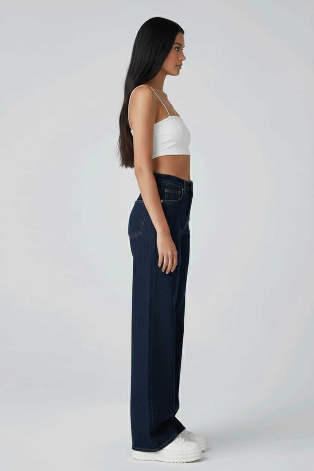 TRENDNATUREL Camelia Gold Ikon 90's Lacivert Siyah Likralı Süper Extra Yüksek Bel Palazzo Salaş Jean Pantolon görsel 6