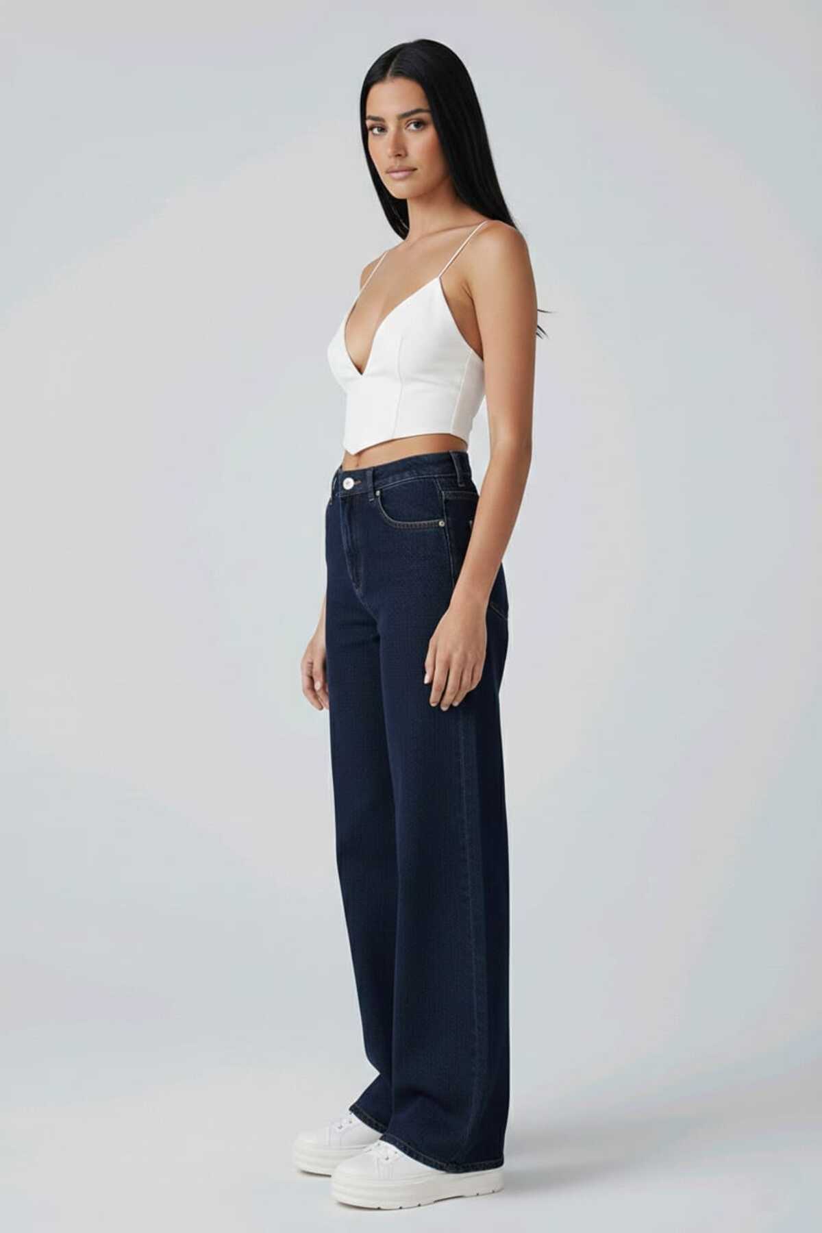 TRENDNATUREL Camelia Gold Ikon 90's Lacivert Siyah Likralı Süper Extra Yüksek Bel Palazzo Salaş Jean Pantolon görsel 5