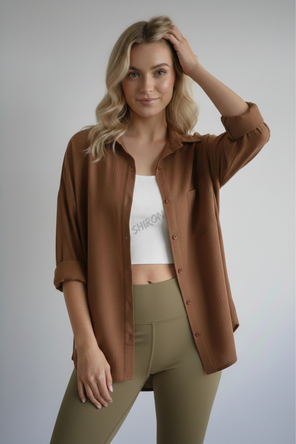 Shiron Sportswear&Company  Kadın Kahve Oversize Keten Gömlek %100 Pamuk - Görsel 3