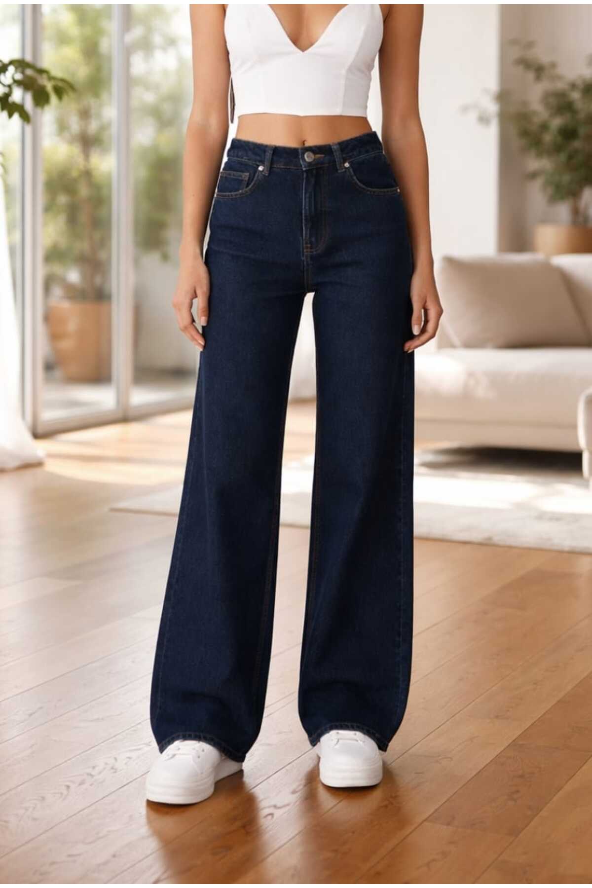 TRENDNATUREL Camelia Gold Ikon 90's Lacivert Siyah Likralı Süper Extra Yüksek Bel Palazzo Salaş Jean Pantolon