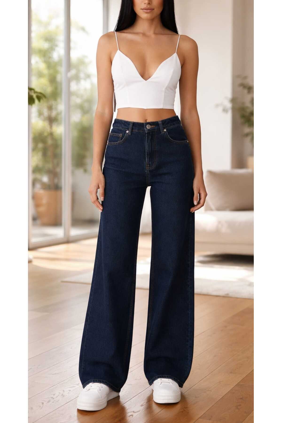 TRENDNATUREL Camelia Gold Ikon 90's Lacivert Siyah Likralı Süper Extra Yüksek Bel Palazzo Salaş Jean Pantolon görsel 4