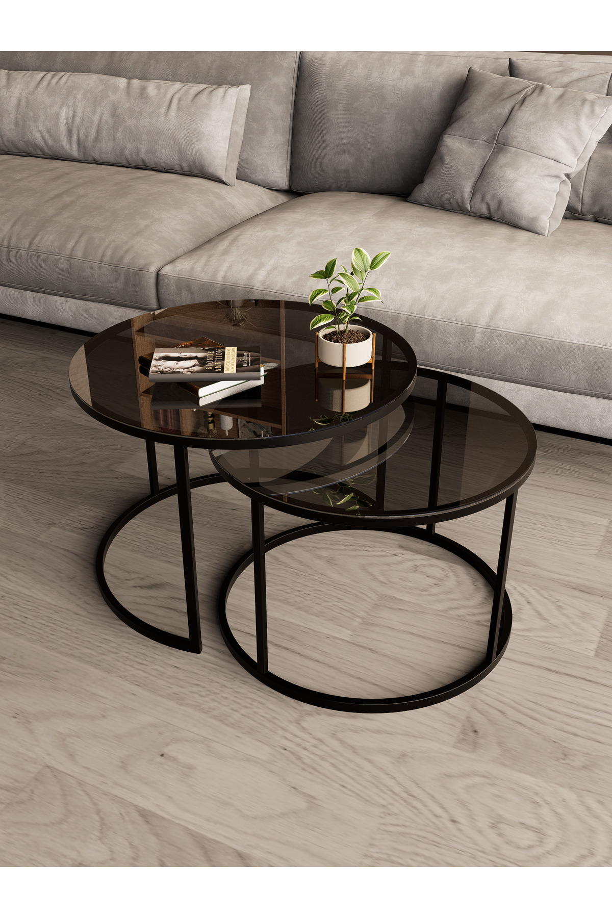 Milas Coffee Table Black Metal - Tempered (Unbreakable) Smoked Glass 75 cm