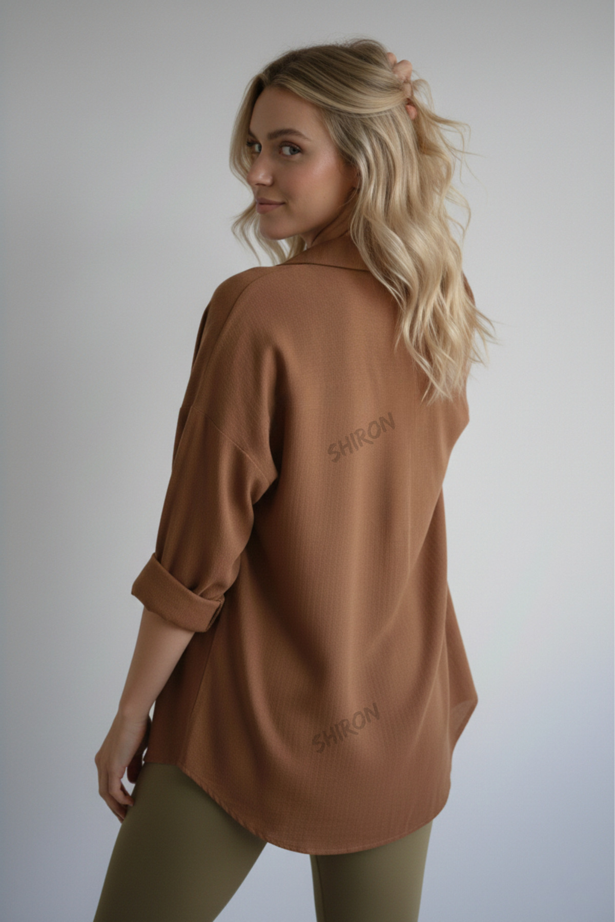 Shiron Sportswear&Company  Kadın Kahve Oversize Keten Gömlek %100 Pamuk - Görsel 4