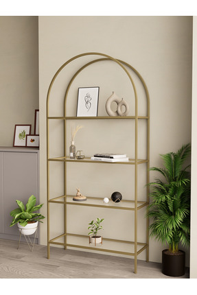 Dekoport 4 Raflı Camlı Kitaplık Gold(ESKİTME) Ayak Temperli Şeffaf Cam