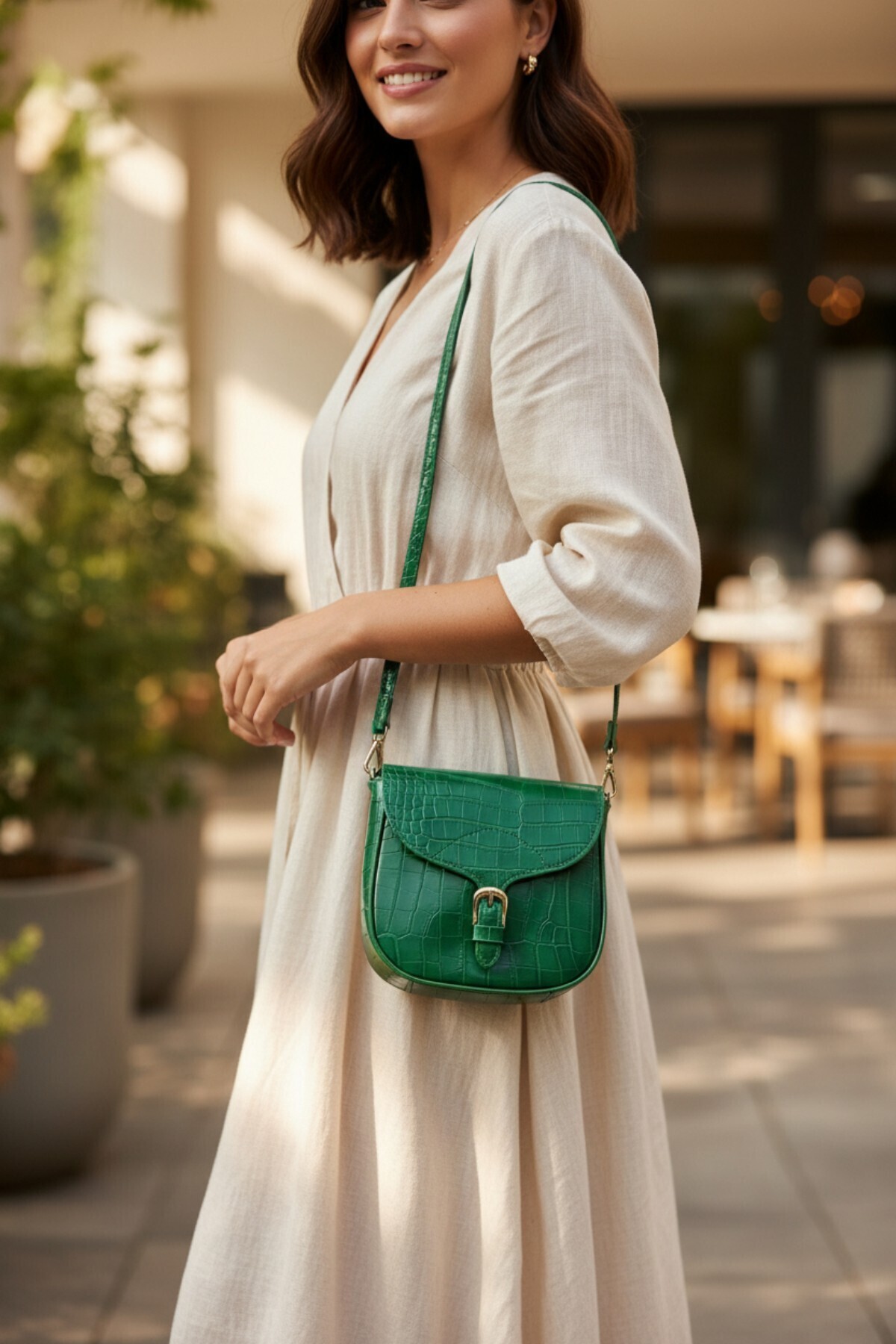 Women's Green Crocodile Mango Model Crossbody Bag with Cover, Buckle and Belt