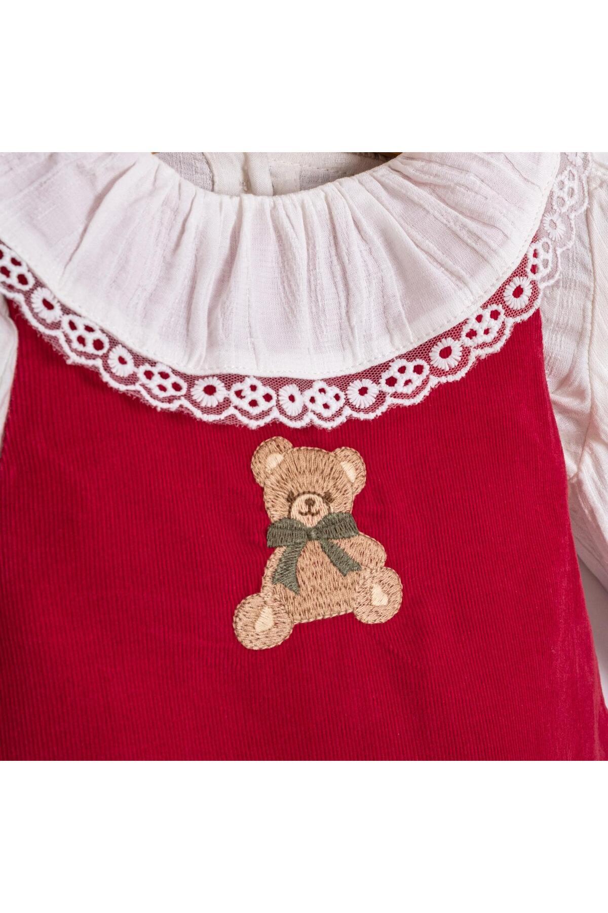 ministok Sweet Bear Balon Etekli Toka Aksesuarlı Kırmızı Soft Fitilli Kadife İkili Kız Bebek Elbise fotoğrafı 5 (önizleme)