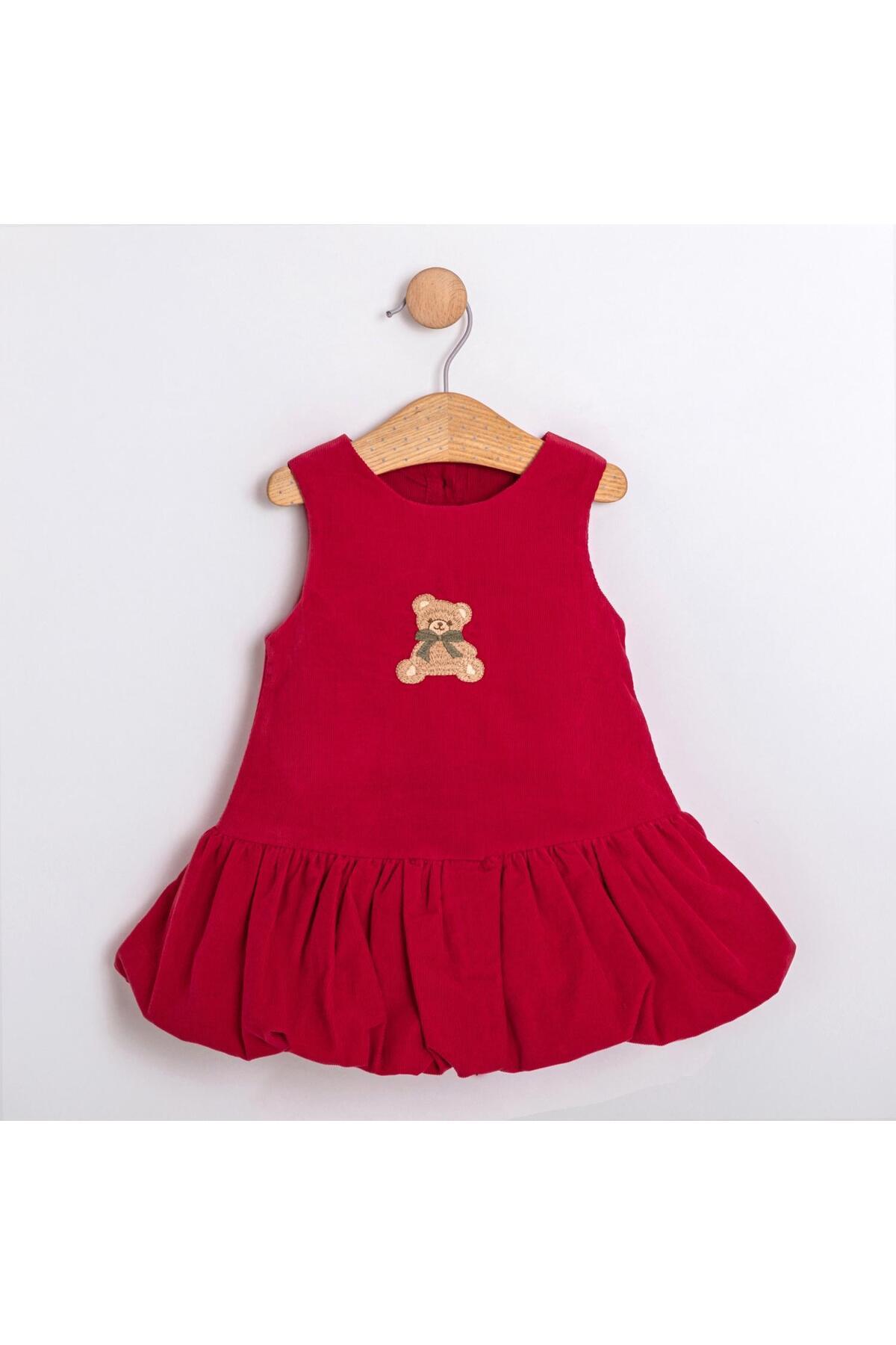 ministok Sweet Bear Balon Etekli Toka Aksesuarlı Kırmızı Soft Fitilli Kadife İkili Kız Bebek Elbise fotoğrafı 6 (önizleme)