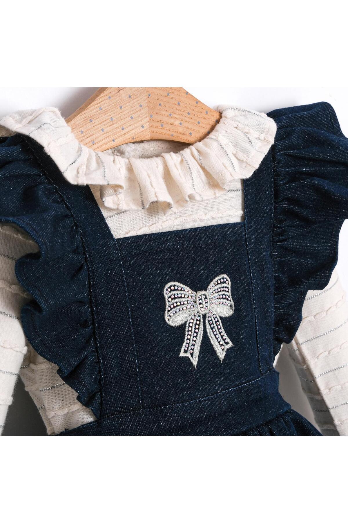 ministok Cudi Fırfırlı Salopet Etekli Tulum ve Uzun Kollu Blüzlü Kız Bebek Esnek Denim Takım fotoğrafı 3 (önizleme)