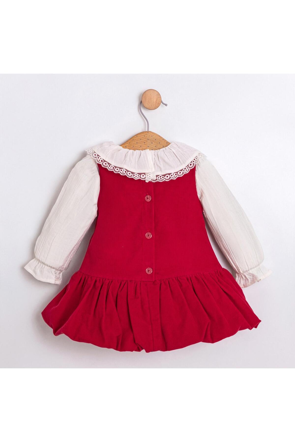 ministok Sweet Bear Balon Etekli Toka Aksesuarlı Kırmızı Soft Fitilli Kadife İkili Kız Bebek Elbise fotoğrafı 4 (önizleme)