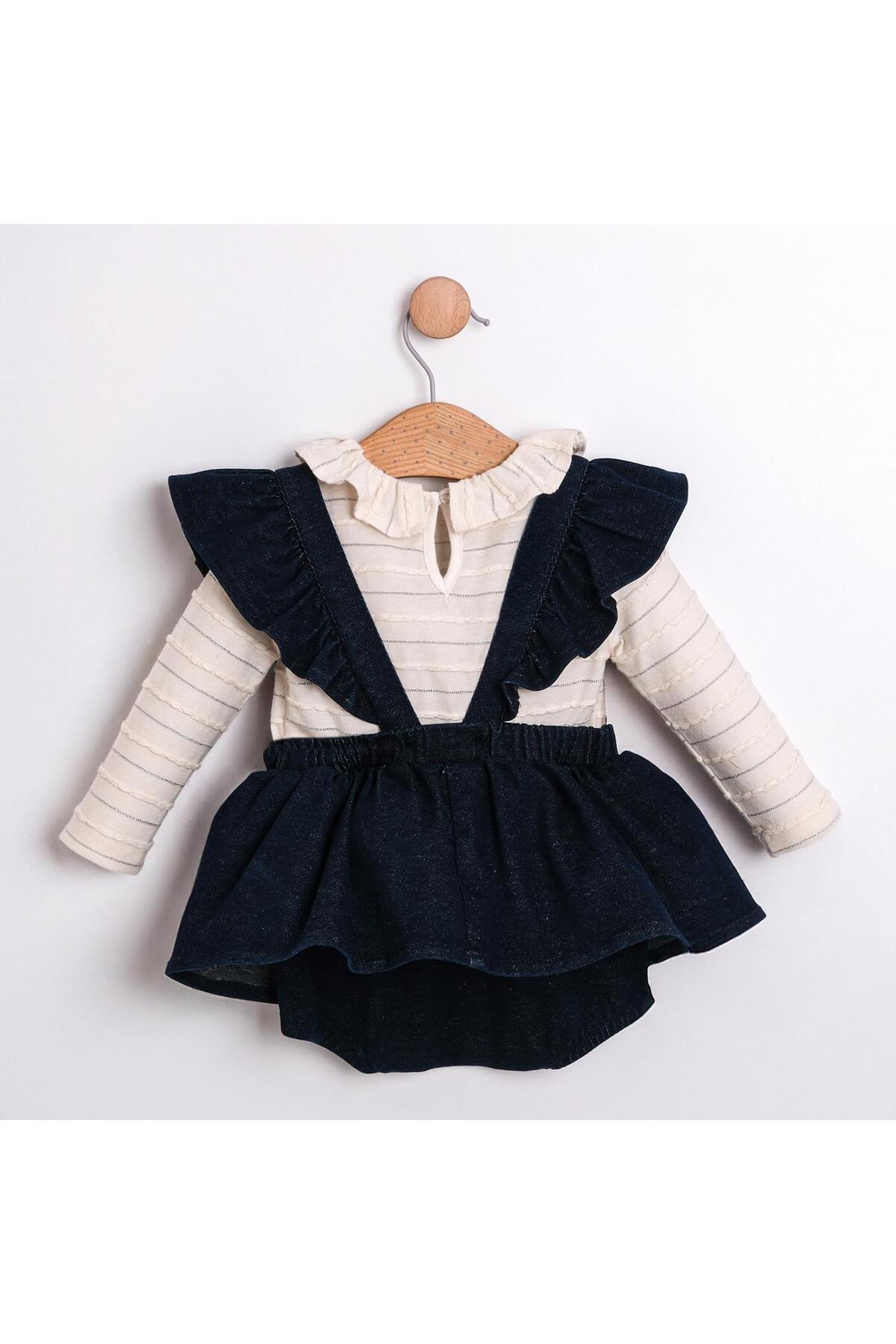 ministok Cudi Fırfırlı Salopet Etekli Tulum ve Uzun Kollu Blüzlü Kız Bebek Esnek Denim Takım fotoğrafı 2 (önizleme)