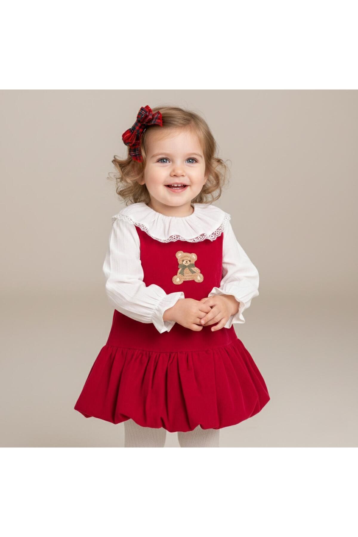 ministok Sweet Bear Balon Etekli Toka Aksesuarlı Kırmızı Soft Fitilli Kadife İkili Kız Bebek Elbise fotoğrafı 2 (önizleme)