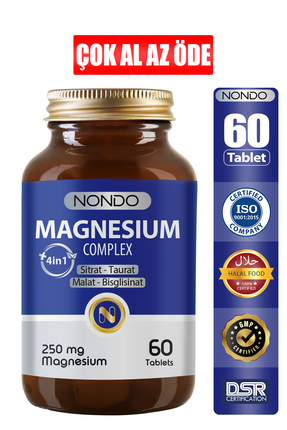 Nondo Magnezyum Kompleks 60 Tablet 250 mg 4 Form, Sitrat, Taurat, Malat, Bisg...