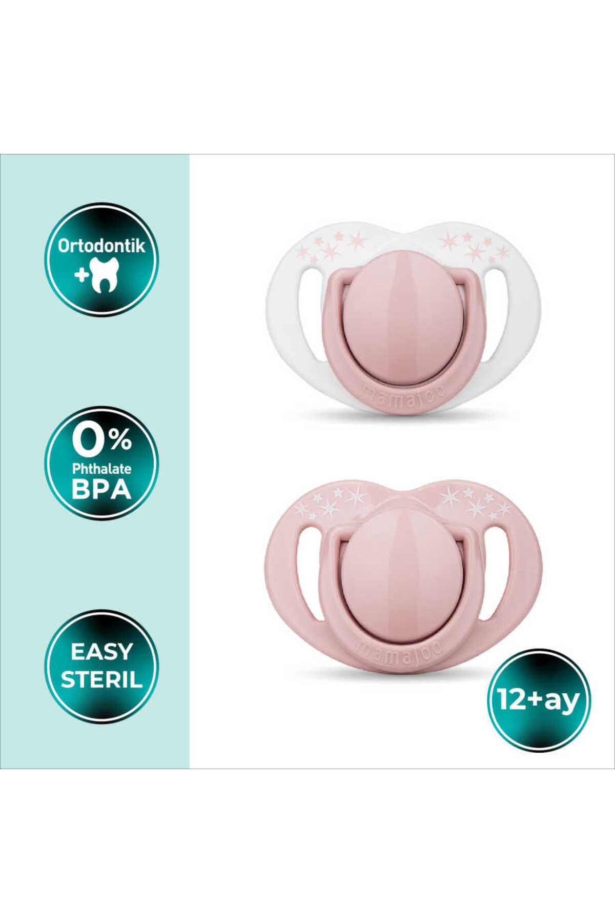 Mamajoo Ortodontik Emzik Seti 12 Ay+ Powder Pink | İkili, Silikon, Damaklı | Sterilizasyon & Saklama fotoğrafı 2 (önizleme)
