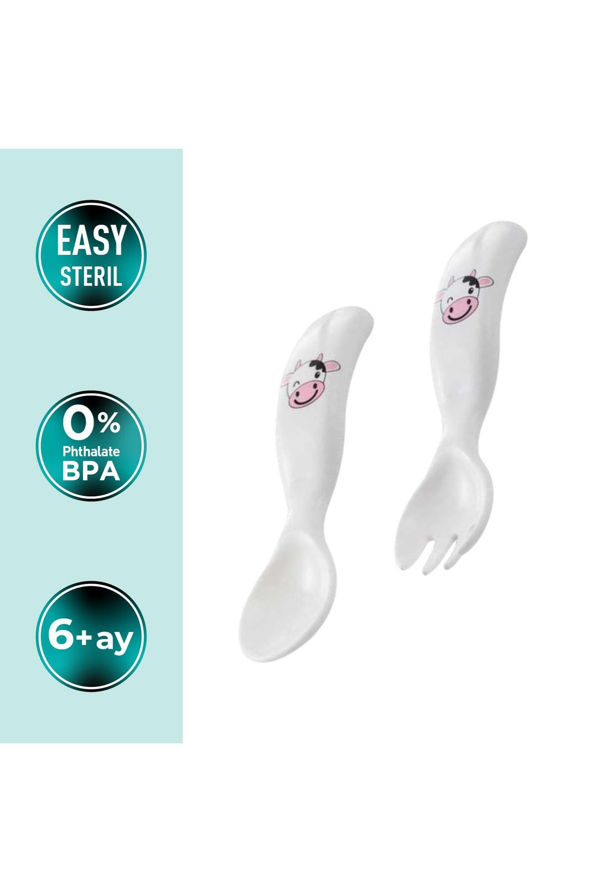 Mamajoo Ergonomik Beslenme Kaşık Çatal Seti Pembe & İnek, 6 Ay+ İkili fotoğrafı 2 (önizleme)