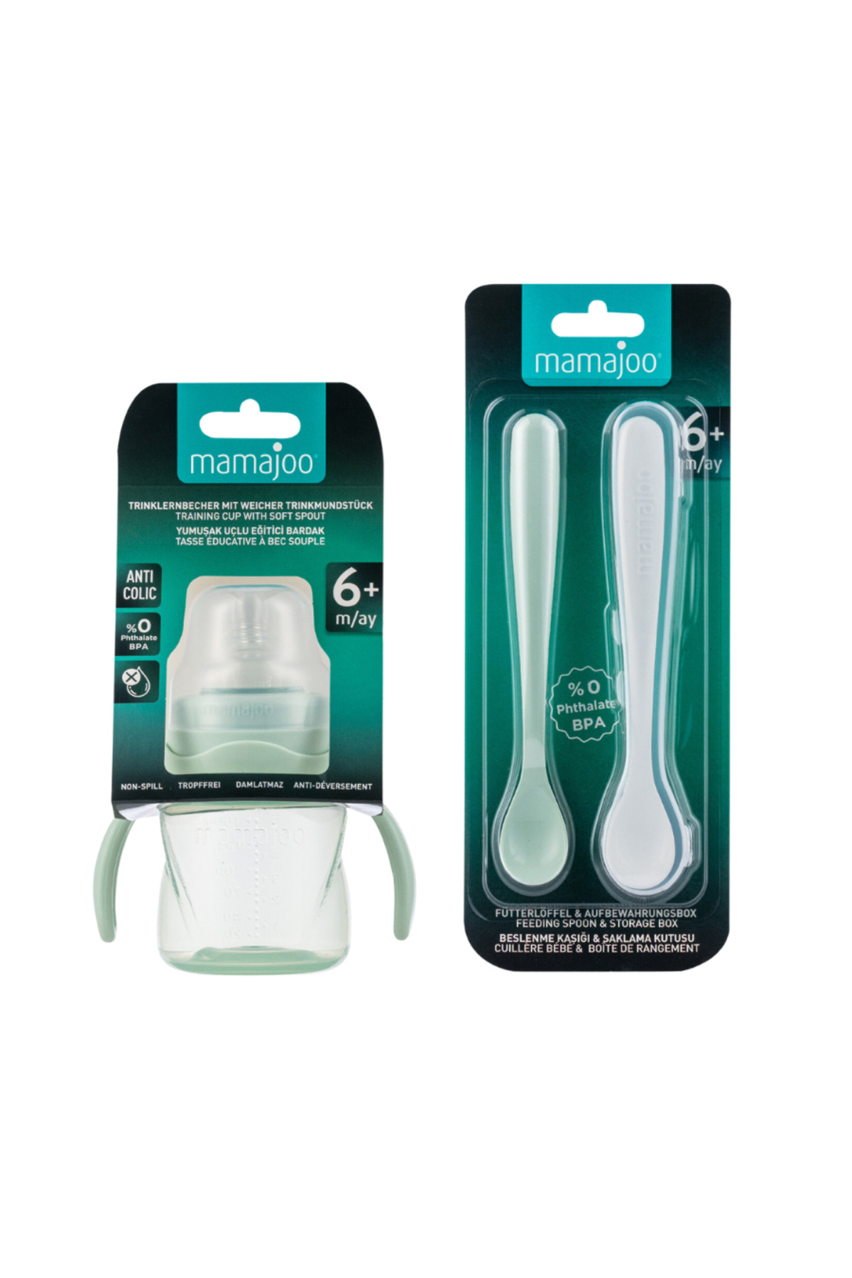 Mamajoo Antikolik Akıtmaz Alıştırma Bardağı 160 ml & İkili Ergonmik Beslenme Kaşığı - Powder Green fotoğrafı 7 (önizleme)