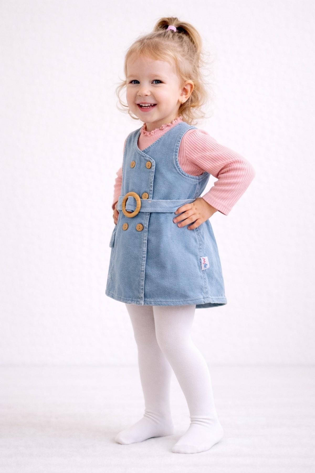 dinamik çocuk Kız Bebek/Çocuk Kruvaze Ahşap Düğme Detaylı Kemerli Kot Jile Elbise+Uzun Kollu Badili 2li Takım Mevs fotoğrafı 2 (önizleme)