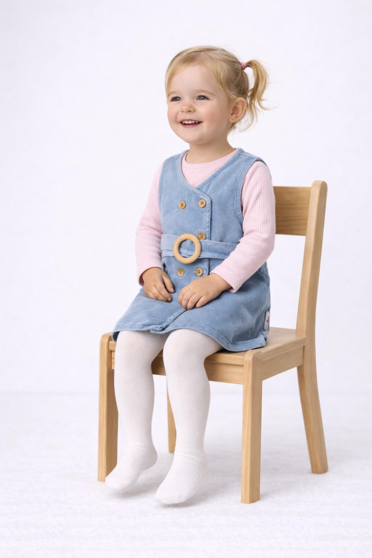 dinamik çocuk Kız Bebek/Çocuk Kruvaze Ahşap Düğme Detaylı Kemerli Kot Jile Elbise+Uzun Kollu Badili 2li Takım Mevs fotoğrafı 4 (önizleme)