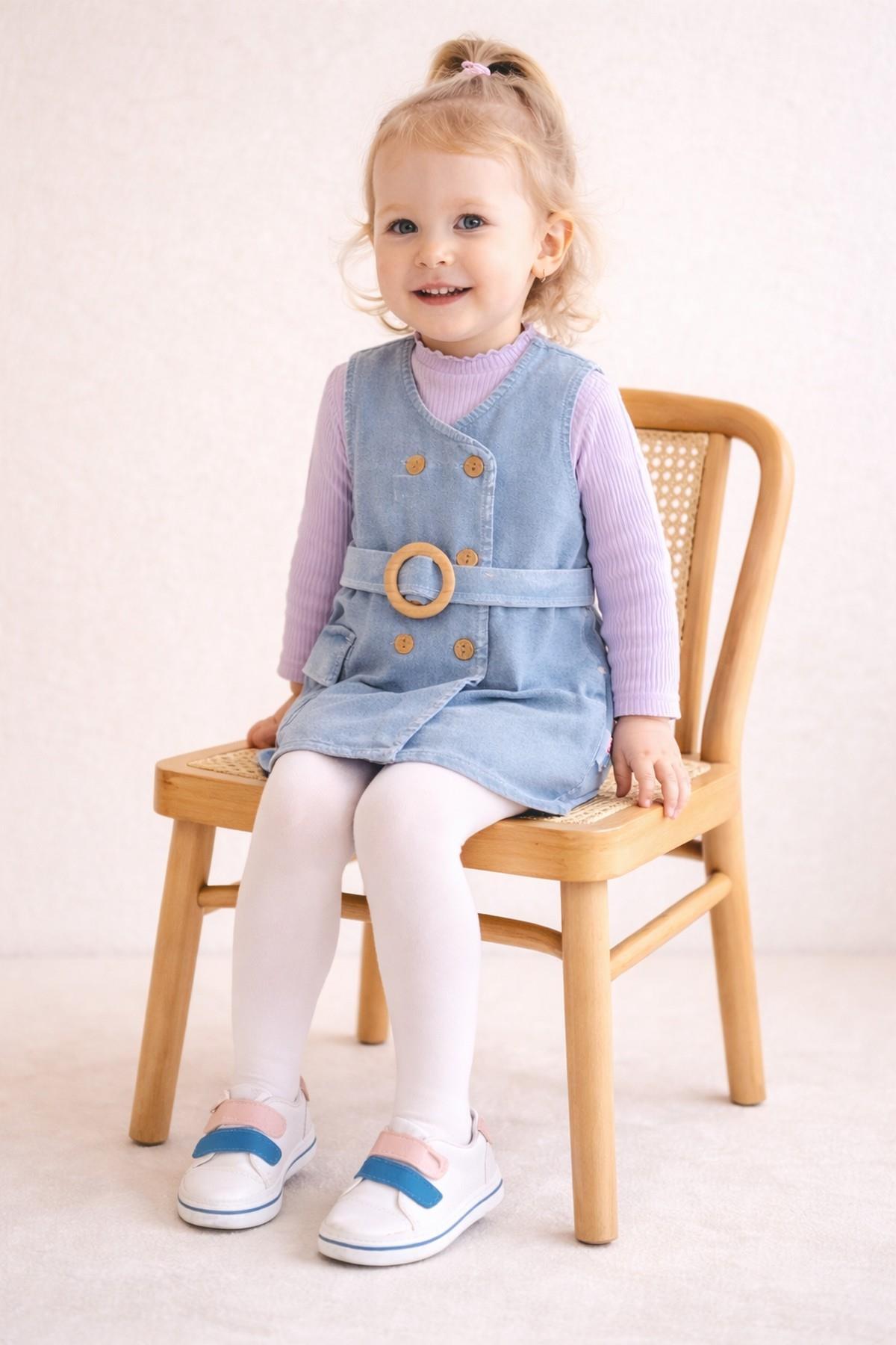 dinamik çocuk Kız Bebek/Çocuk Kruvaze Ahşap Düğme Detaylı Kemerli Kot Jile Elbise+Uzun Kollu Badili 2li Takım Mevs fotoğrafı 3 (önizleme)