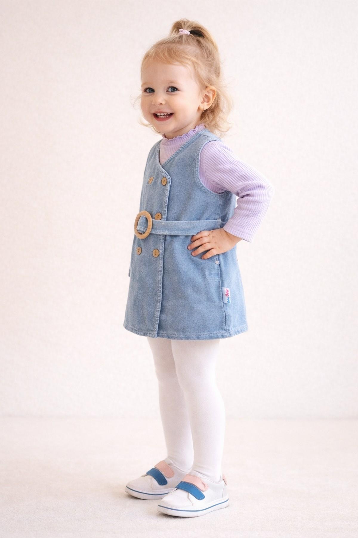 dinamik çocuk Kız Bebek/Çocuk Kruvaze Ahşap Düğme Detaylı Kemerli Kot Jile Elbise+Uzun Kollu Badili 2li Takım Mevs fotoğrafı 2 (önizleme)