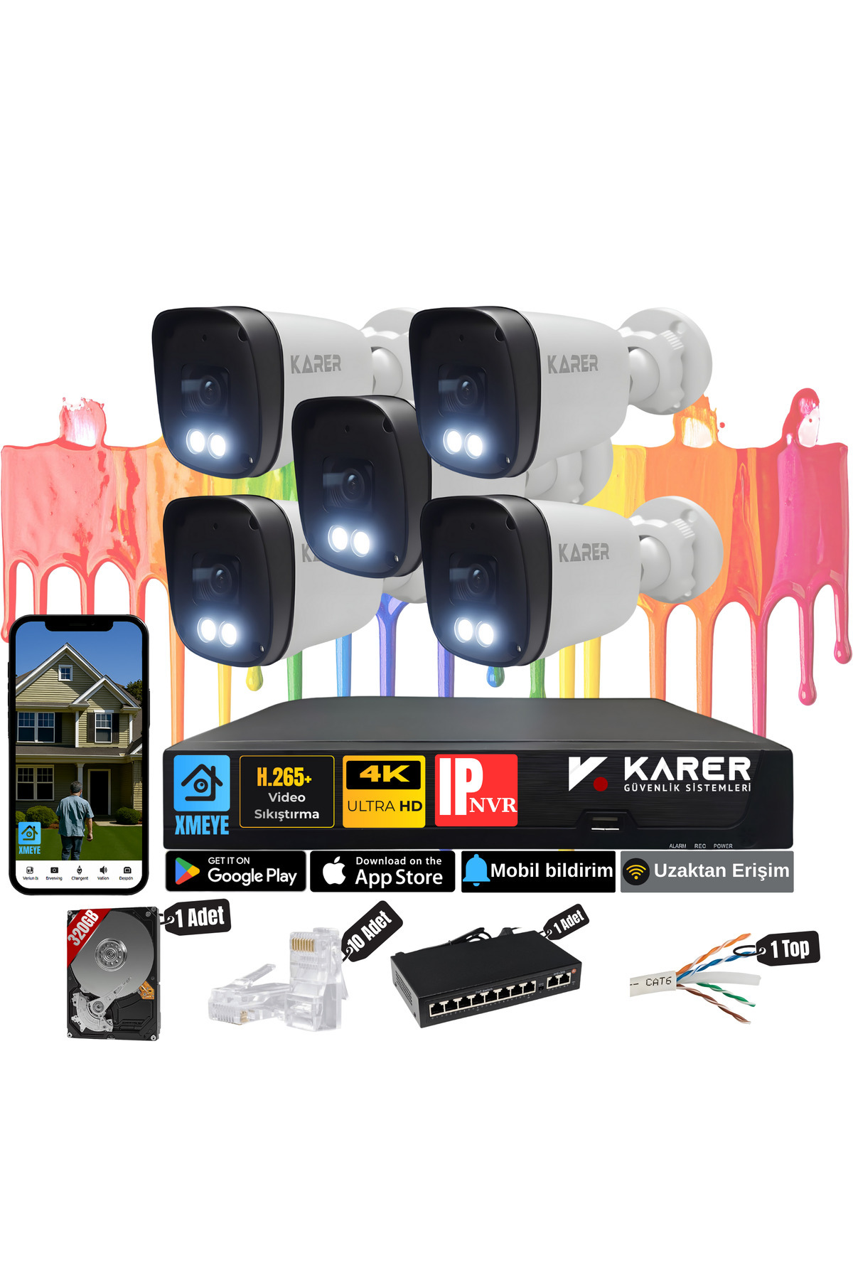 5 KAMERALI PRO 5MP IP POELİ-SESLİ-RENKLİ GECE GÖRÜŞ- İNSAN ve PLAKA ALGILAMALI GÜVENLİK SETİ