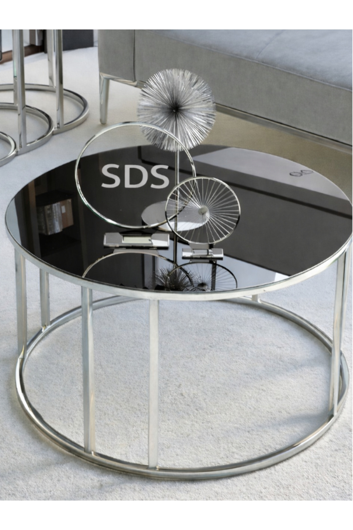 4 Lü Füme Ayna Gümüş Metal Ayaklı Ayna C Model Sehpa Takımı (ZİGON VE ORTA)