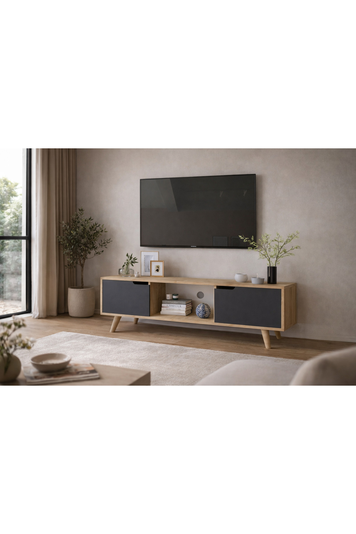 Siena Wooden Leg TV Unit Sapphire Oak-anthracite Television Console 140 Cm Economic Module Coffee Table